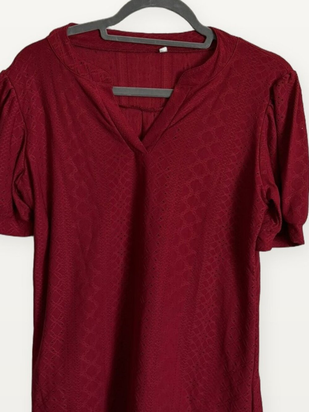 Burgundy Eyelet Puff Sleeve Split V Neck Blouse Size M